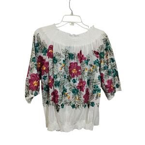 3858)South Main Colorful Embroidery 3/4 Sleeve  Off/On Shoulder Peasant Top L